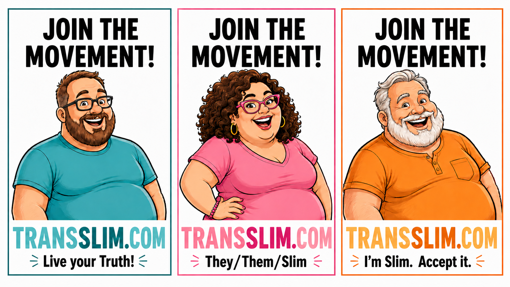 TransSlim.com comedy poster featuring three cheerful characters declaring Live your Truth, They/Them/Slim, and I'm Slim. Accept it.